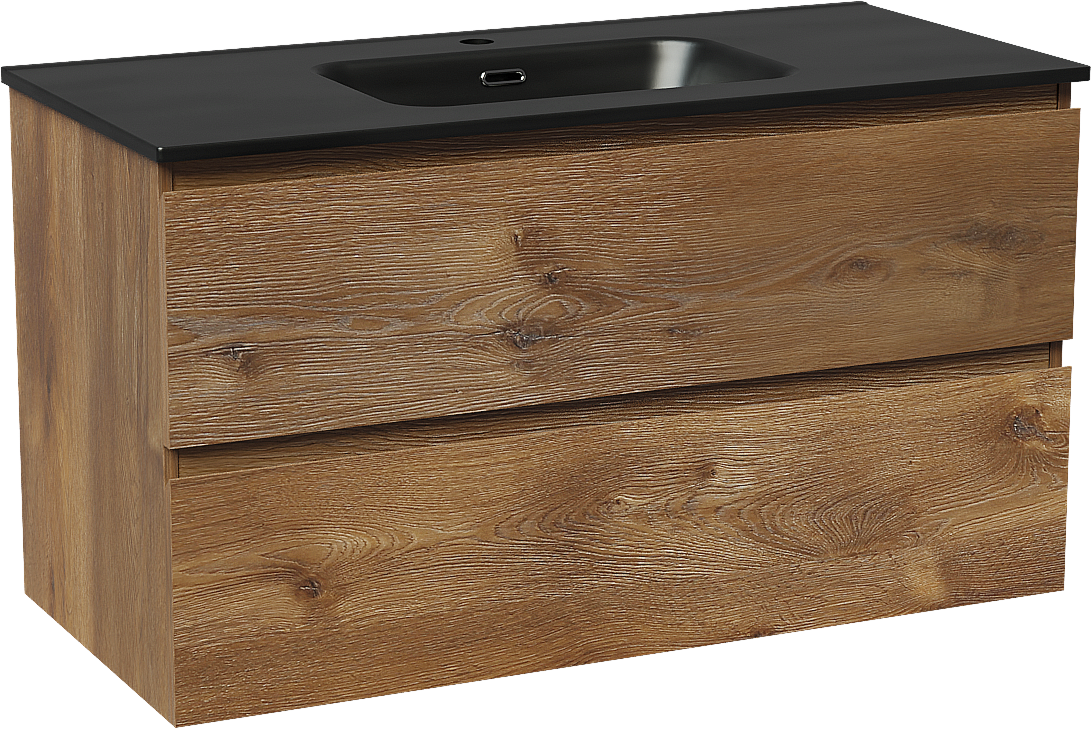 Linie Lado zwevend badkamermeubel 100 x 46 cm bruine eik met Baro enkele wastafel in porselein mat zwart