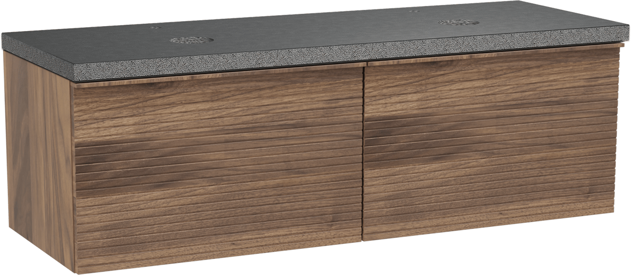 Balmani Forma zwevend badmeubel 150 x 55 cm amerikaans notenhout met Rock dubbel wastafelblad in zwart graniet, Horizontale symmetrische rechte ribbel