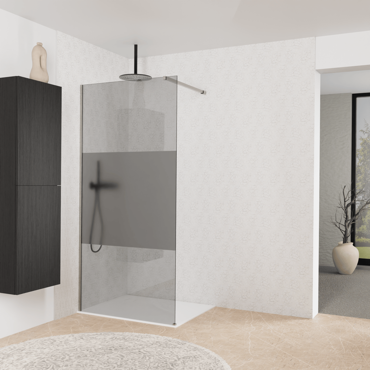 Balmani Modular Walk-In Dusche: 100 x 200 cm, Rauchglas mit mattiertem Streifen, inklusive Coating, Profil Brushed Inox