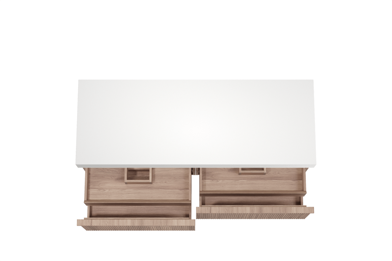 Balmani Forma hängendes Möbelstück Set: 150 x 55 cm, Teak, mit Dominus Einzel- oder Doppel Waschtischplatte, Solid Surface, Weiß matt, Vertikale symmetrische gerade Rippe