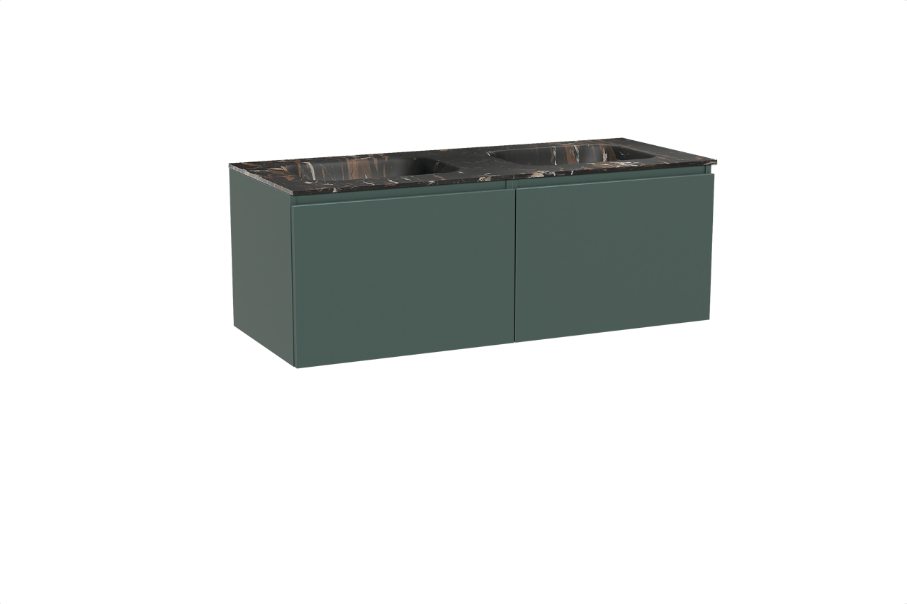 Balmani Sfera zwevend badkamermeubel 135 x 55 cm forest met Tablo Arcato dubbele wastafel in marmer portoro gold