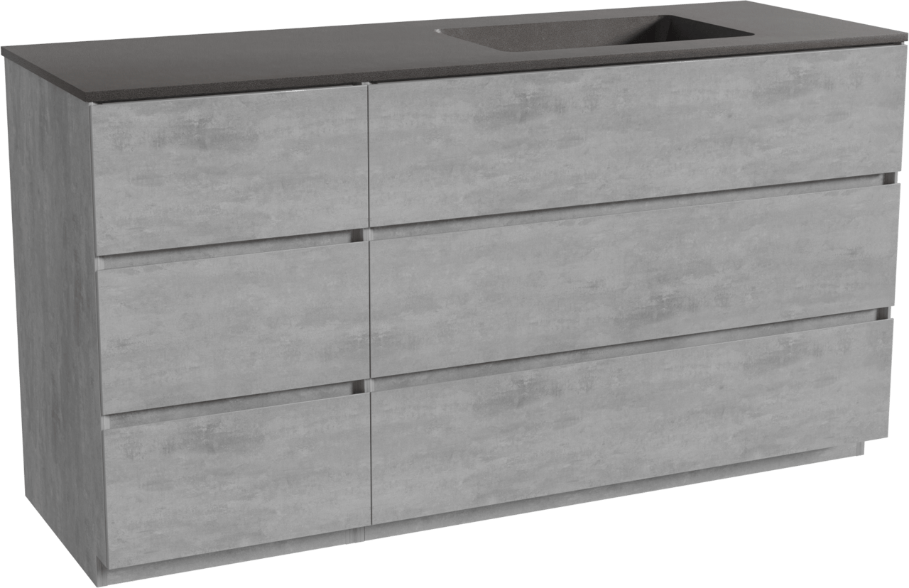 Storke Edge staand badmeubel 150 x 52 cm beton donkergrijs met Scuro asymmetrisch rechtse wastafel in kwarts mat zwart