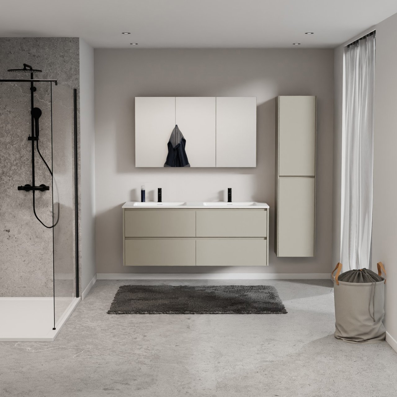 Storke Seda meuble salle de bains suspendu 150 x 52 cm soie grise avec Mata double vasque en solid surface blanc mat