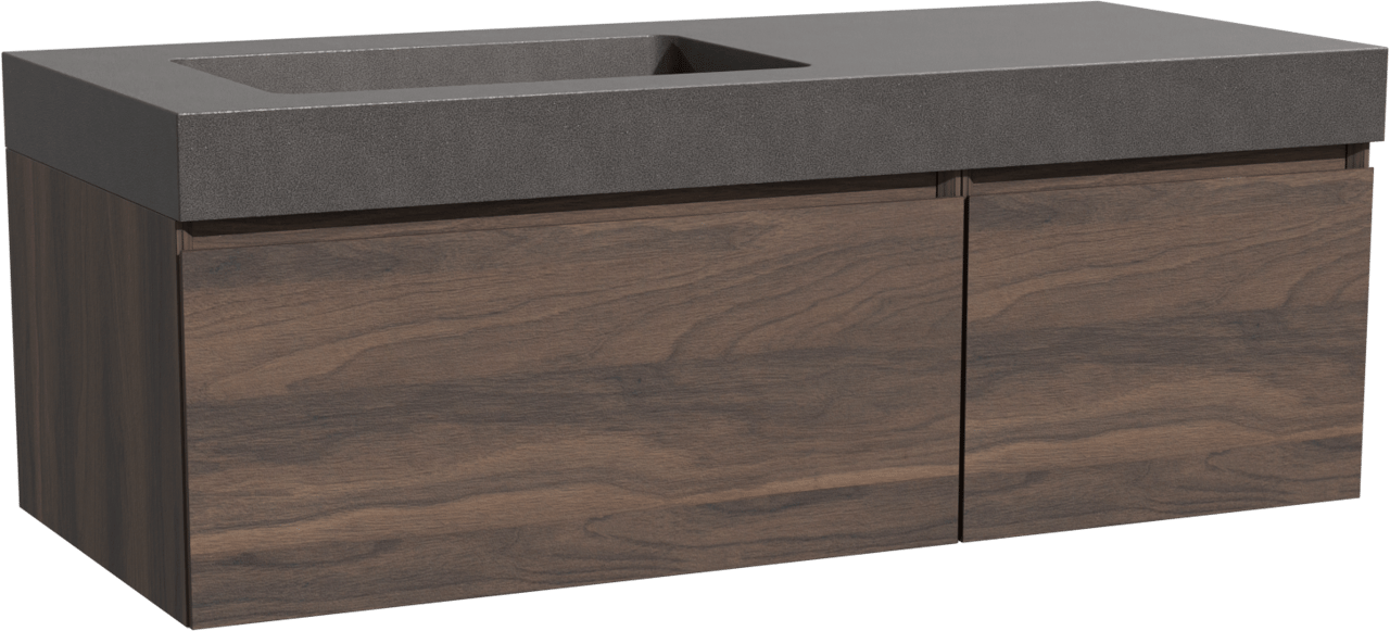 Storke Edge meuble salle de bains suspendu 120 x 52 cm noyer avec Scuro High plan vasque asymétrique à gauche en quartz noir mat