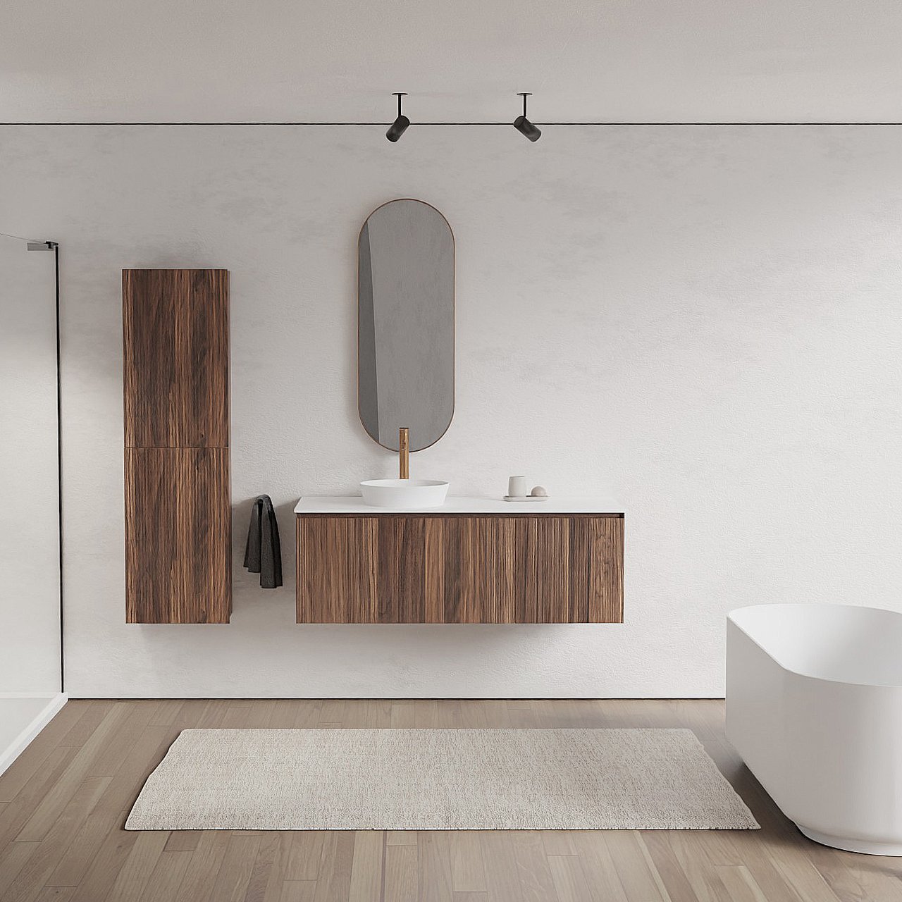 Balmani Fila zwevend badmeubel 135 x 55 cm notenhout met Stretto enkel of dubbel wastafelblad in solid surface mat wit, Verticale symmetrische rechte ribbel