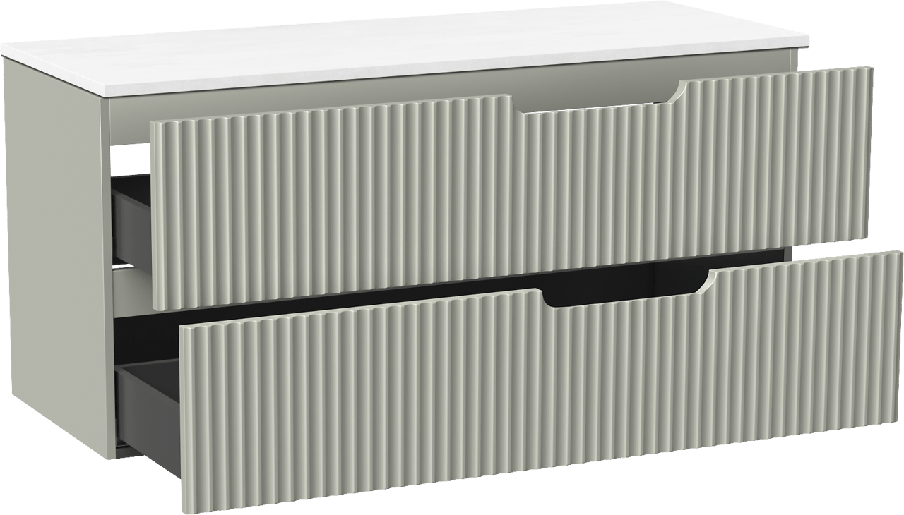 Linie Ribbo meuble salle de bains suspendu 120 x 46 cm greige avec Lado tablette double en marbre composite blanc brillant, Nervure circulaire symétrique verticale