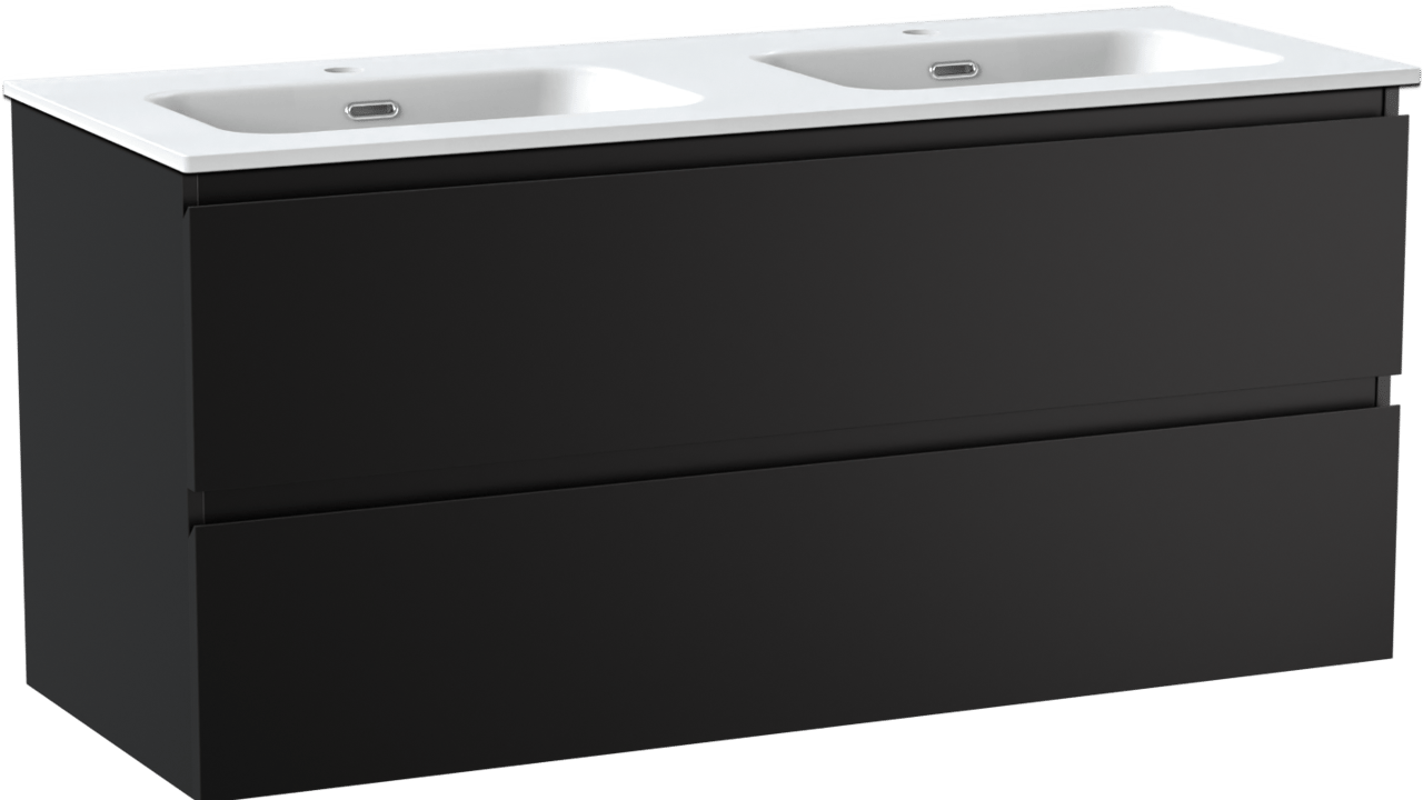 Linie Lado zwevend badmeubel 120 x 46 cm mat zwart met Baro dubbele wastafel in porselein mat wit