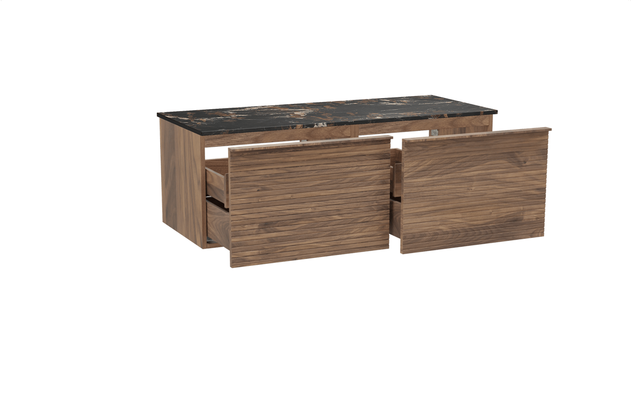 Balmani Forma hängendes Möbelstück Set: 135 x 55 cm, Amerikanischer Nussbaum, mit Stretto Einzel- oder Doppel Waschtischplatte, Marmor, Portoro Gold, Horizontale symmetrische gerade Rippe