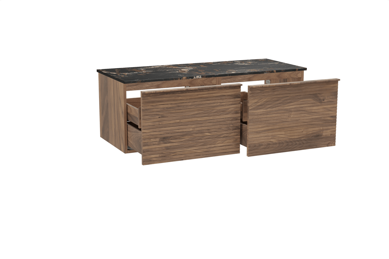 Balmani Forma meuble salle de bains suspendu 135 x 55 cm noyer américain avec Stretto tablette simple ou double en marbre portoro gold, Nervure droite symétrique horizontale