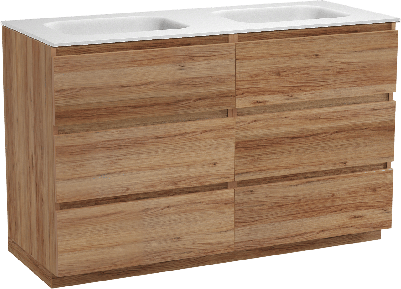 Balmani Lucida freistehendes Möbelstück Set: 135 x 55 cm, Teak, mit Tablo Arcato Doppelwaschtisch, Solid Surface Weiß matt