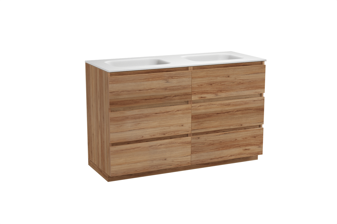Balmani Lucida staand badkamermeubel 135 x 55 cm teak met Tablo Arcato dubbele wastafel in solid surface mat wit