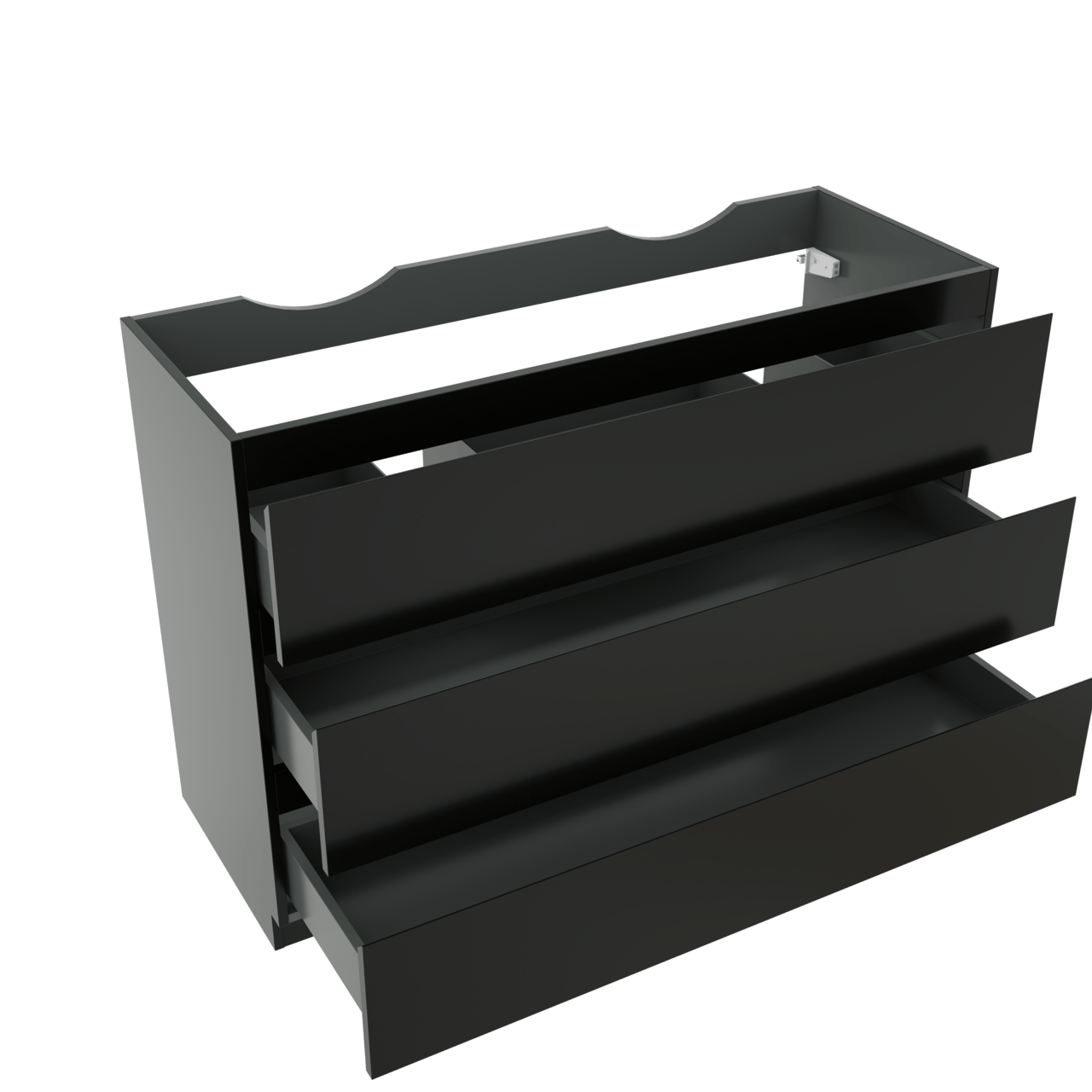 Linie Lado stehender Waschbeckenunterschrank: 120 x 46 cm, Schwarz Matt, 3 Schubladen, 2 Siphonaussparungen