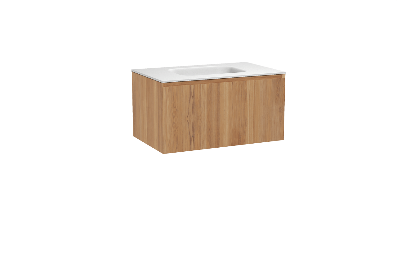 Balmani Idra meuble salle de bains suspendu 90 x 55 cm teck avec Tablo Arcato plan simple en solid surface blanc mat