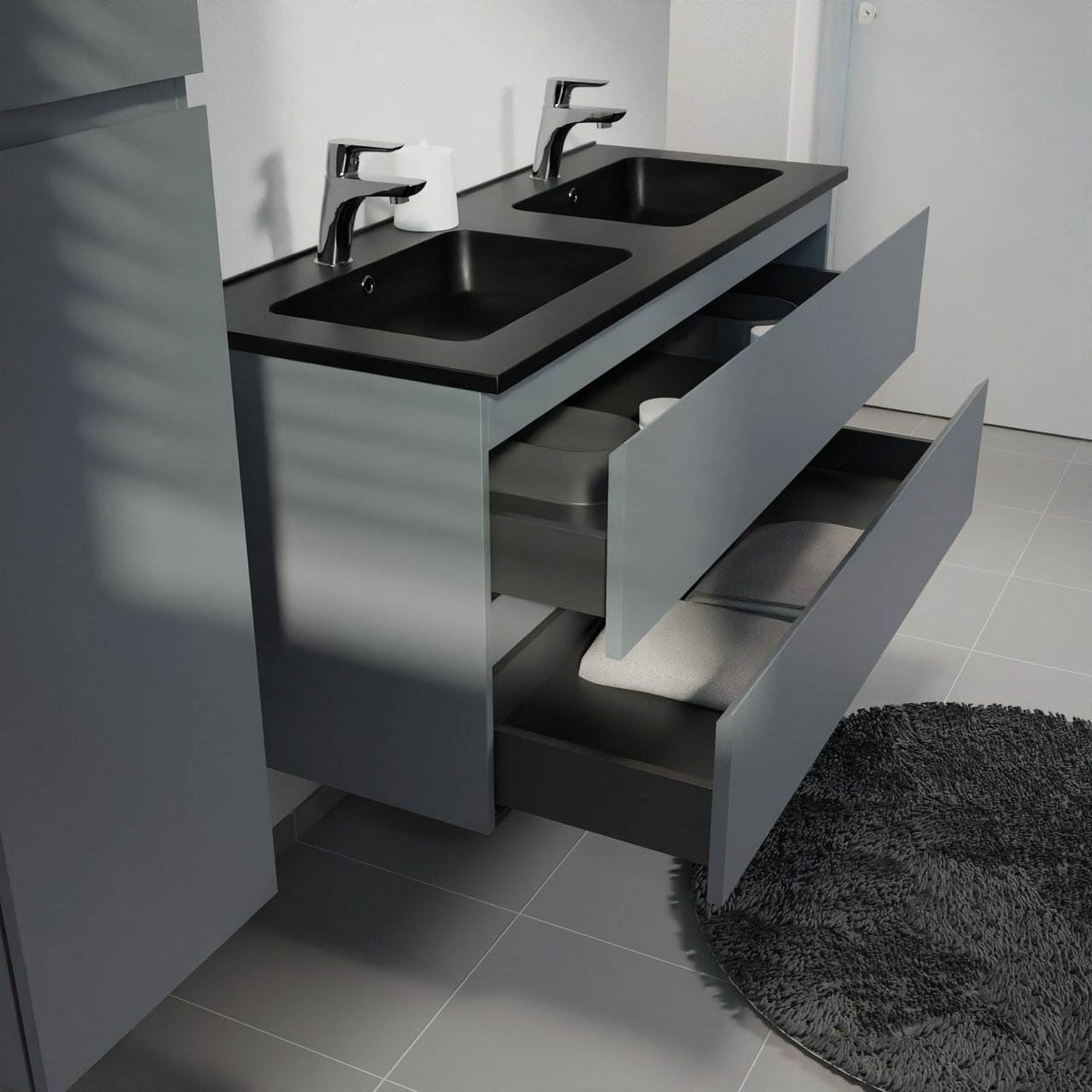 Linie Lado meuble salle de bains suspendu 120 x 46 cm bleu anthracite avec Vano double vasque en marbre composite noir mat