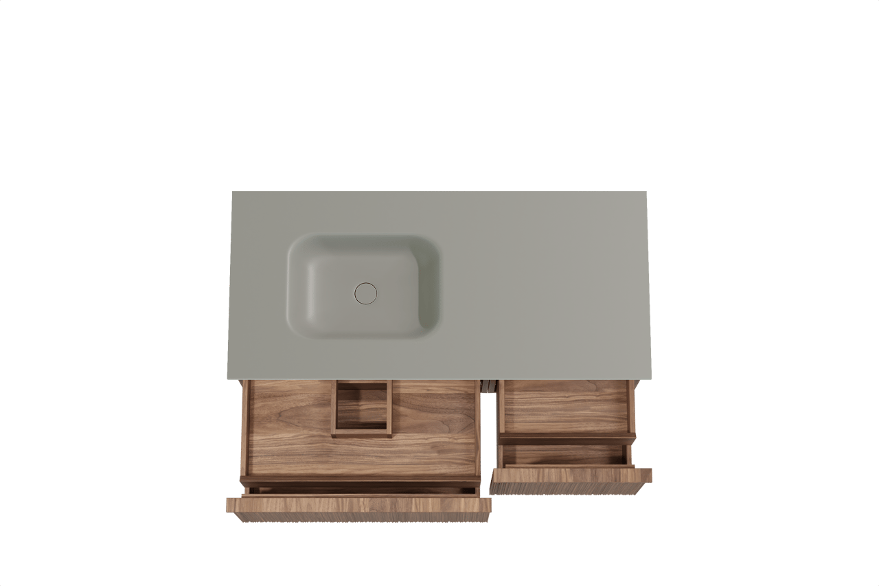 Balmani Forma zwevend badmeubel 120 x 55 cm amerikaans notenhout met Tablo Arcato asymmetrisch linkse wastafel in solid surface steengrijs, Verticale asymmetrische ronde ribbel