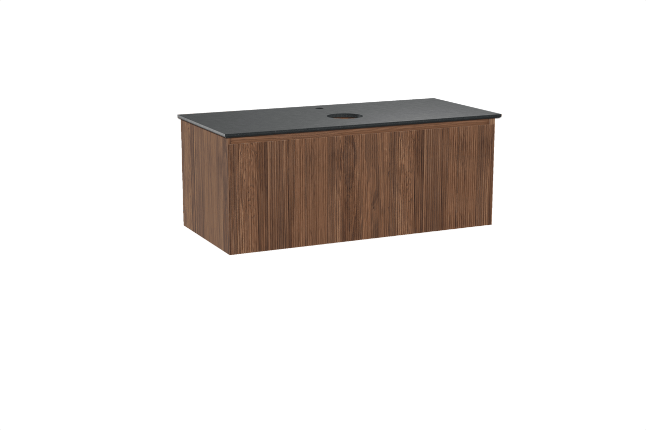 Balmani Fila hängendes Möbelstück Set: 120 x 55 cm, Nussbaum, mit Facetta Einzel Waschtischplatte, Granit, Schwarzes Granit, Vertikale symmetrische gerade Rippe