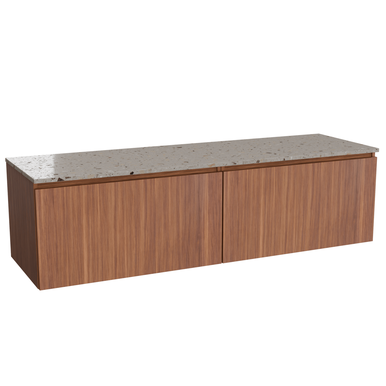 Balmani Sfera hängendes Möbelstück Set: 180 x 55 cm, Amerikanischer Nussbaum, mit Stretto Einzel- oder Doppel Waschtischplatte, Terrazzo in Greige