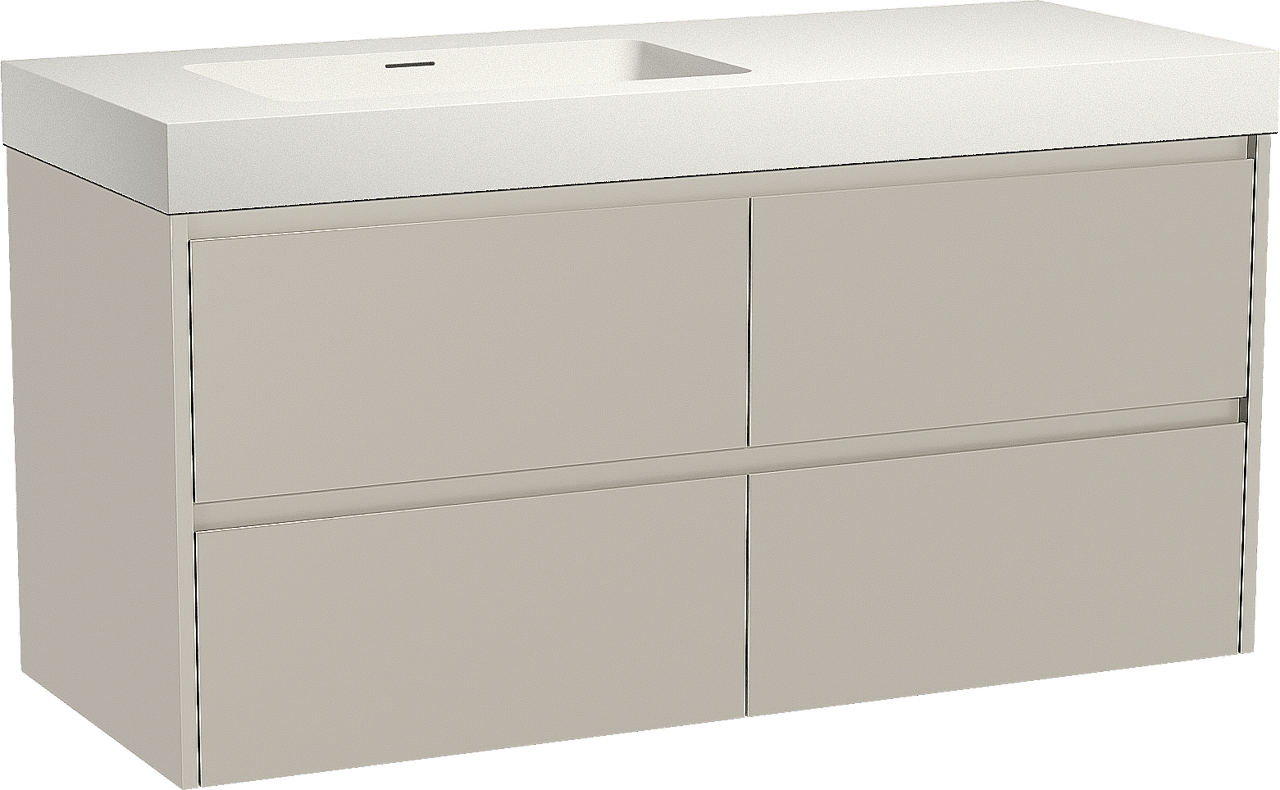 Storke Seda hängendes Möbelstück Set: 130 x 52 cm, Seidengrau, mit Mata High Waschtisch links, Solid Surface Weiß matt