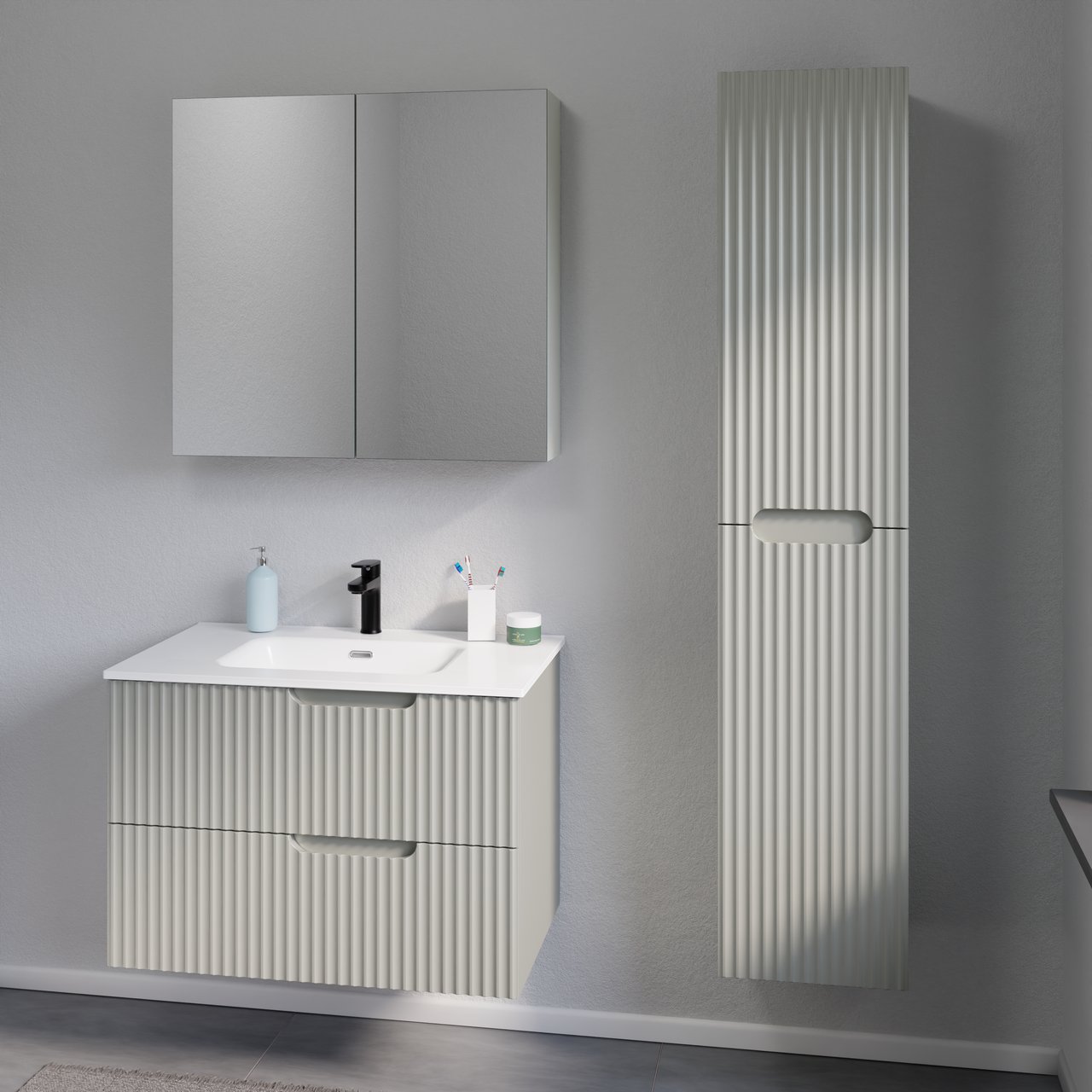 Linie Ribbo meuble salle de bains suspendu 80 x 46 cm greige avec Baro plan simple en porcelaine blanc brillant, Nervure circulaire symétrique verticale