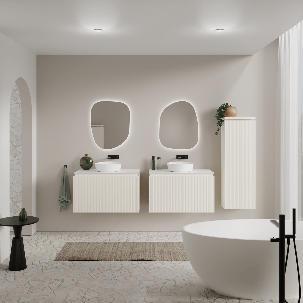 Balmani Ecilps Ribs zwevende badkamerkast links Sandbeige 44 x 32 x 130 cm vert. sym. groef