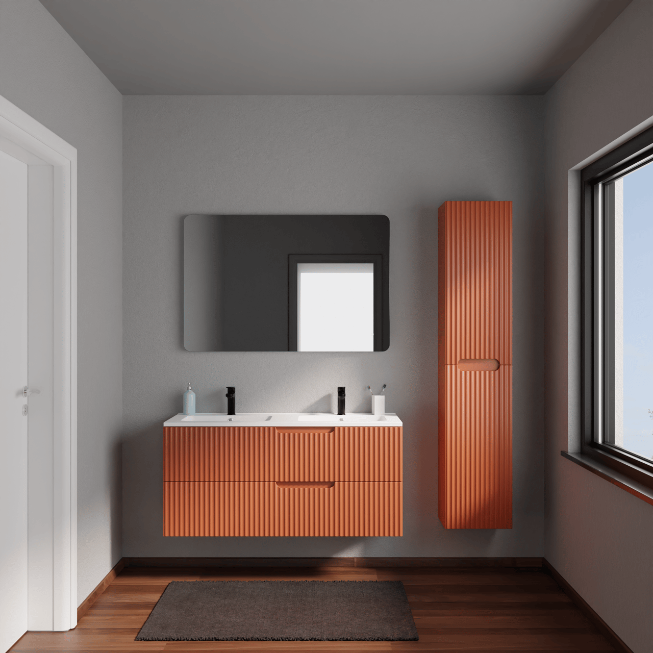 Linie Ribbo zwevend badkamermeubel 120 x 46 cm cotto met Vano dubbele wastafel in composietmarmer mat wit, Verticale symmetrische ronde ribbel