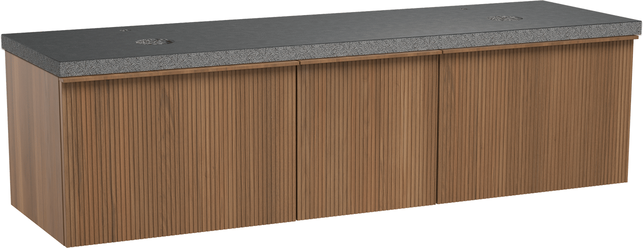 Balmani Forma meuble salle de bains suspendu 180 x 55 cm teck avec Rock tablette double en granit noir, Nervure gauche symétrique verticale