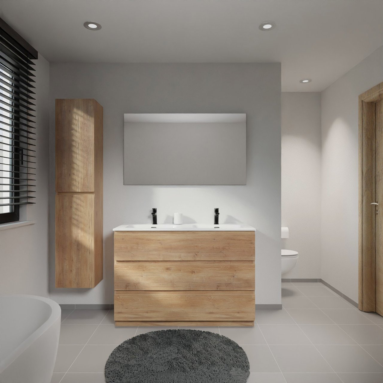 Linie Lado meuble salle de bains à poser 120 x 46 cm chêne naturel avec Baro double vasque en porcelaine blanc mat