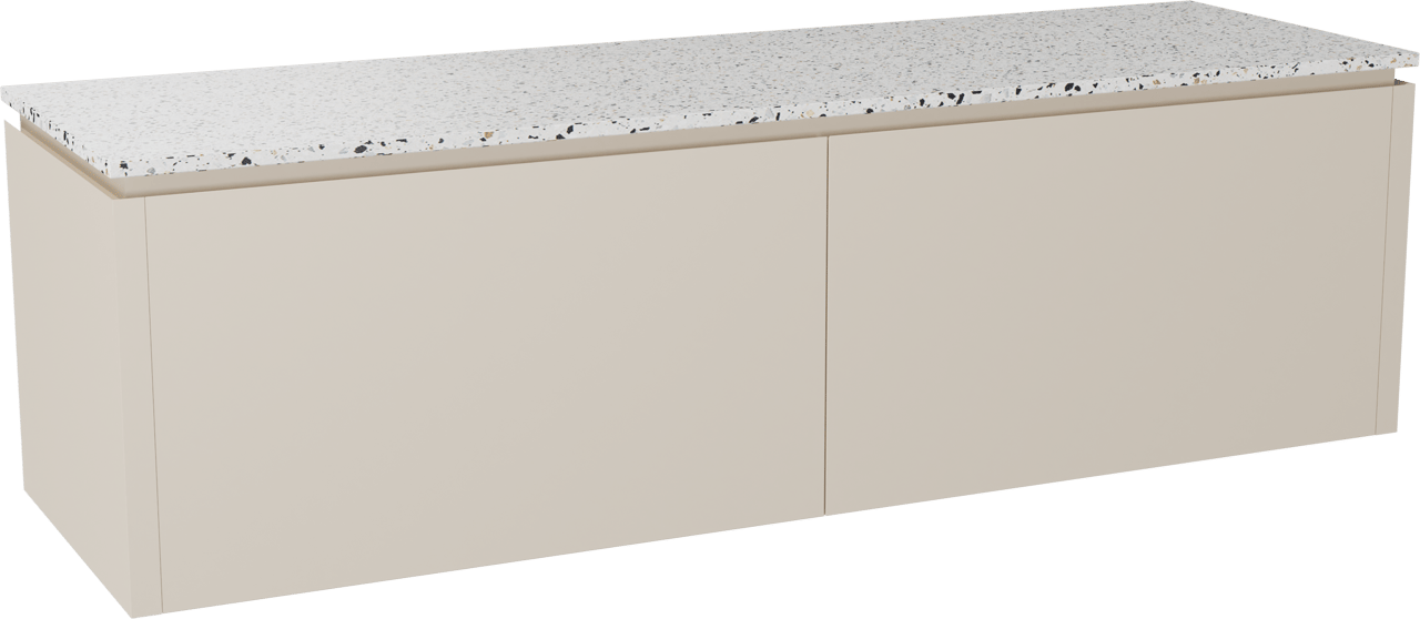 Balmani Eclips hängendes Möbelstück Set: 180 x 55 cm, Sandbeige, mit Stretto Einzel- oder Doppel Waschtischplatte Bianco Nero Terrazzo