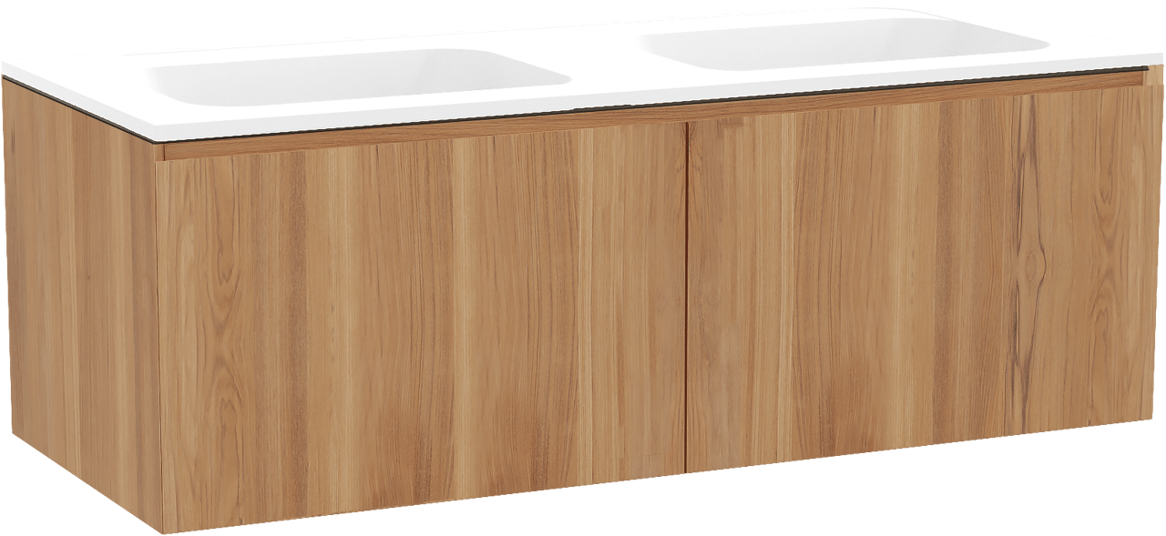 Balmani Idra meuble salle de bains suspendu 135 x 55 cm teck avec Tablo Strada double vasque en marbre composite blanc mat