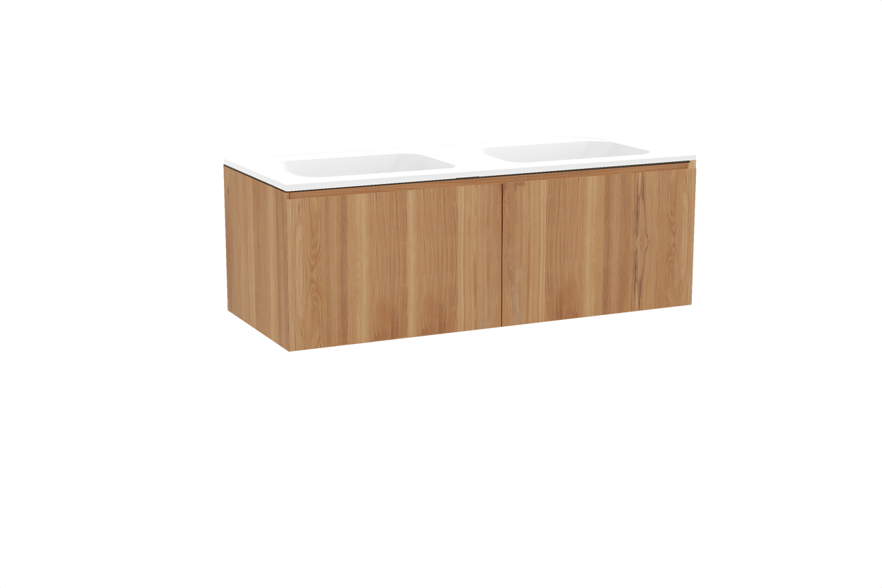 Balmani Idra zwevend badkamermeubel 135 x 55 cm teak met Tablo Strada dubbele wastafel in composietmarmer mat wit