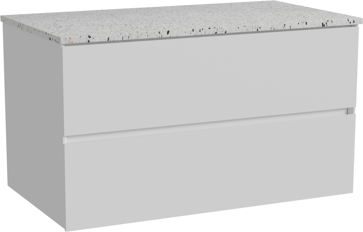 Storke Edge hängendes Möbelstück Set: 95 x 52 cm, Weiß matt, mit Tavola Einzel Waschtischplatte, Terrazzo in Weiß/Schwarz matt