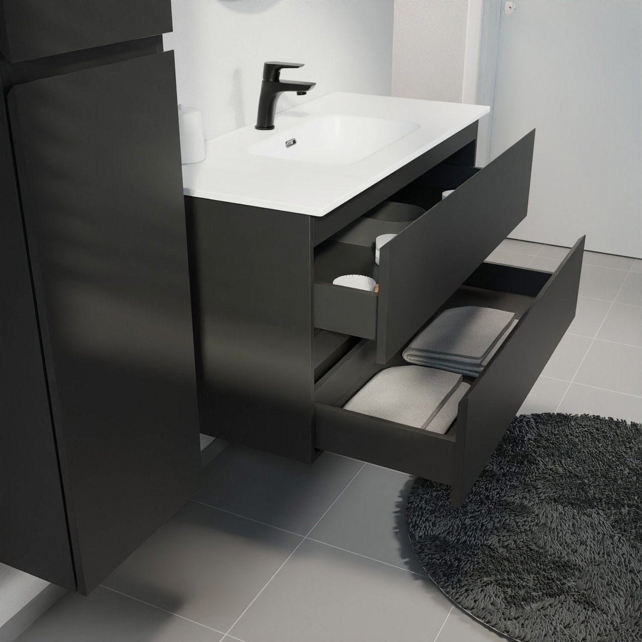 Linie Lado hängendes Möbelstück Set: 100 x 46 cm, Schwarz matt, mit Baro Einzelwaschtisch, Porzellan Weiß matt