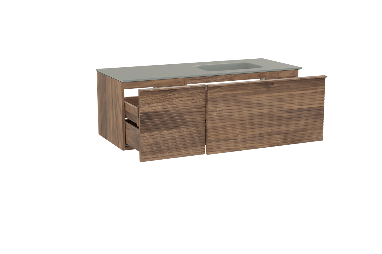 Balmani Forma zwevend badmeubel 135 x 55 cm amerikaans notenhout met Tablo Arcato asymmetrisch rechtse wastafel in solid surface steengrijs, Horizontale symmetrische rechte ribbel