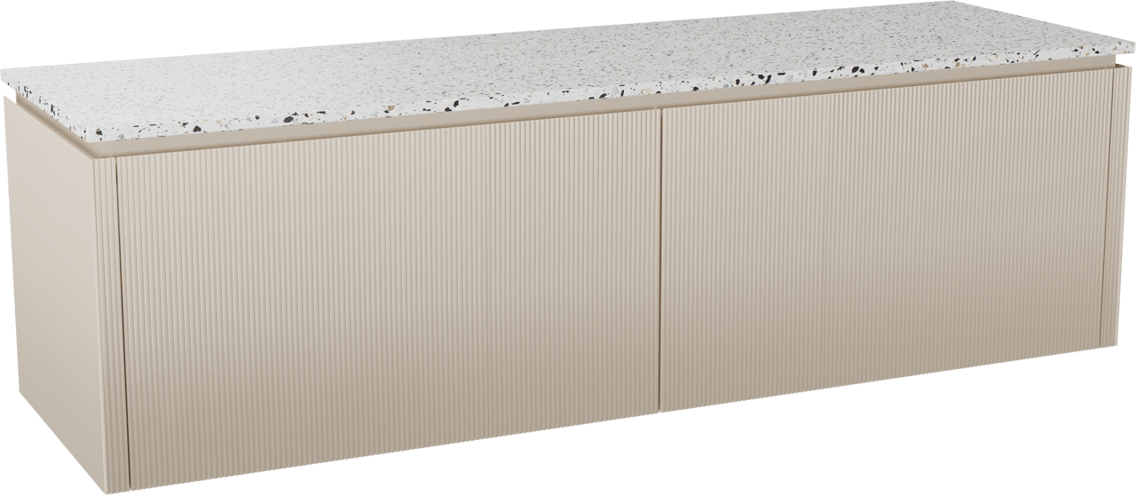 Balmani Eclips meuble salle de bains suspendu 180 x 55 cm Sandbeige avec Stretto tablette simple ou double en Bianco Nero Terrazzo, Nervure droite symétrique verticale