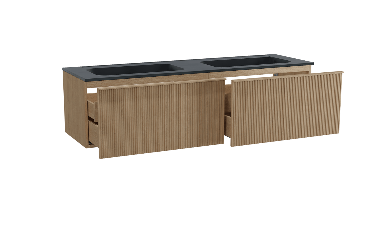 Balmani Forma meuble salle de bains suspendu 180 x 55 cm chêne naturel avec Tablo Strada double vasque en marbre composite noir mat, Nervure droite symétrique verticale