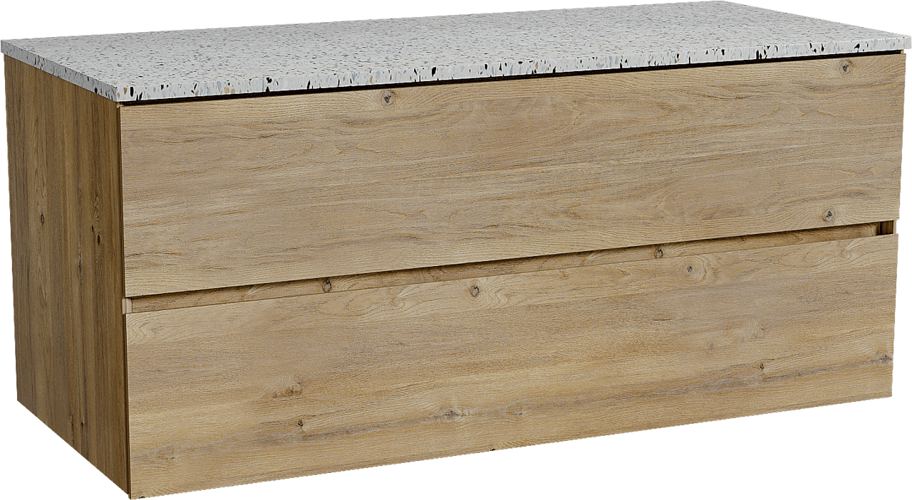 Storke Edge meuble salle de bains suspendu 120 x 52 cm chêne brut avec Tavola tablette simple ou double en blanc/noir mat terrazzo