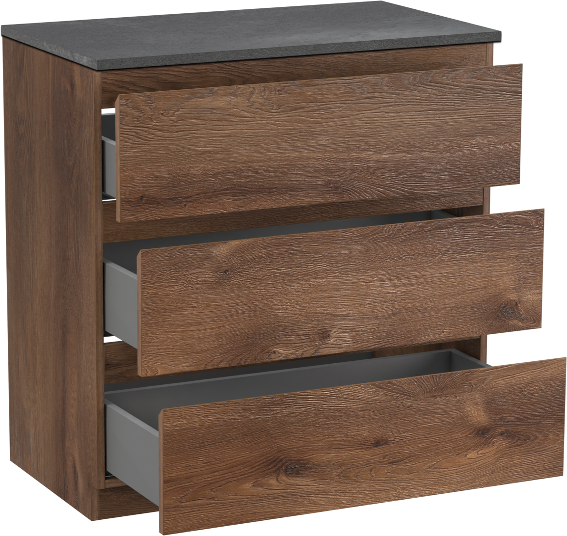 Linie Lado staand badkamermeubel 80 x 46 cm bruine eik met Lado enkel tablet in melamine leisteen grijs