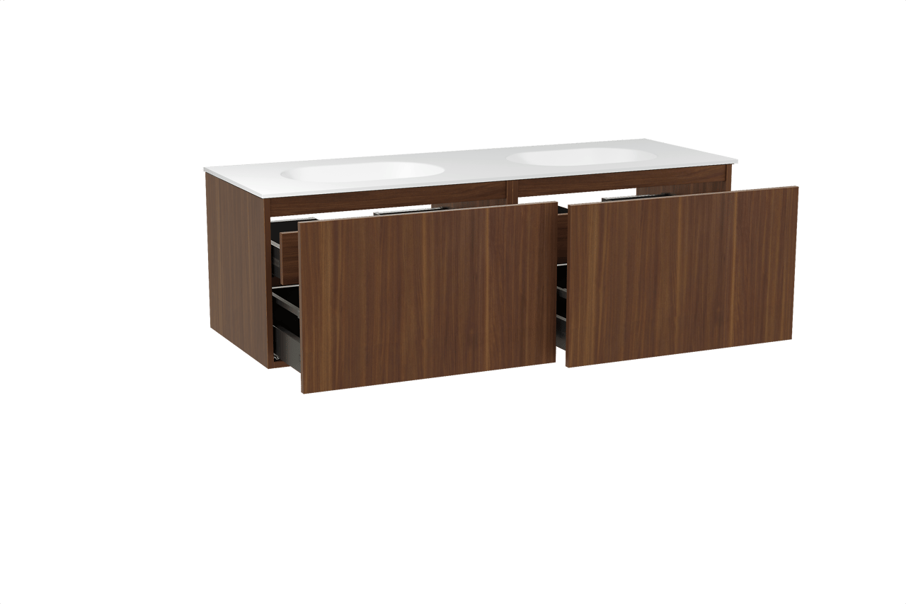 Balmani Sfera hängendes Möbelstück Set: 150 x 55 cm, Amerikanischer Nussbaum, mit Tablo Oval Doppelwaschtisch, Solid Surface Weiß matt