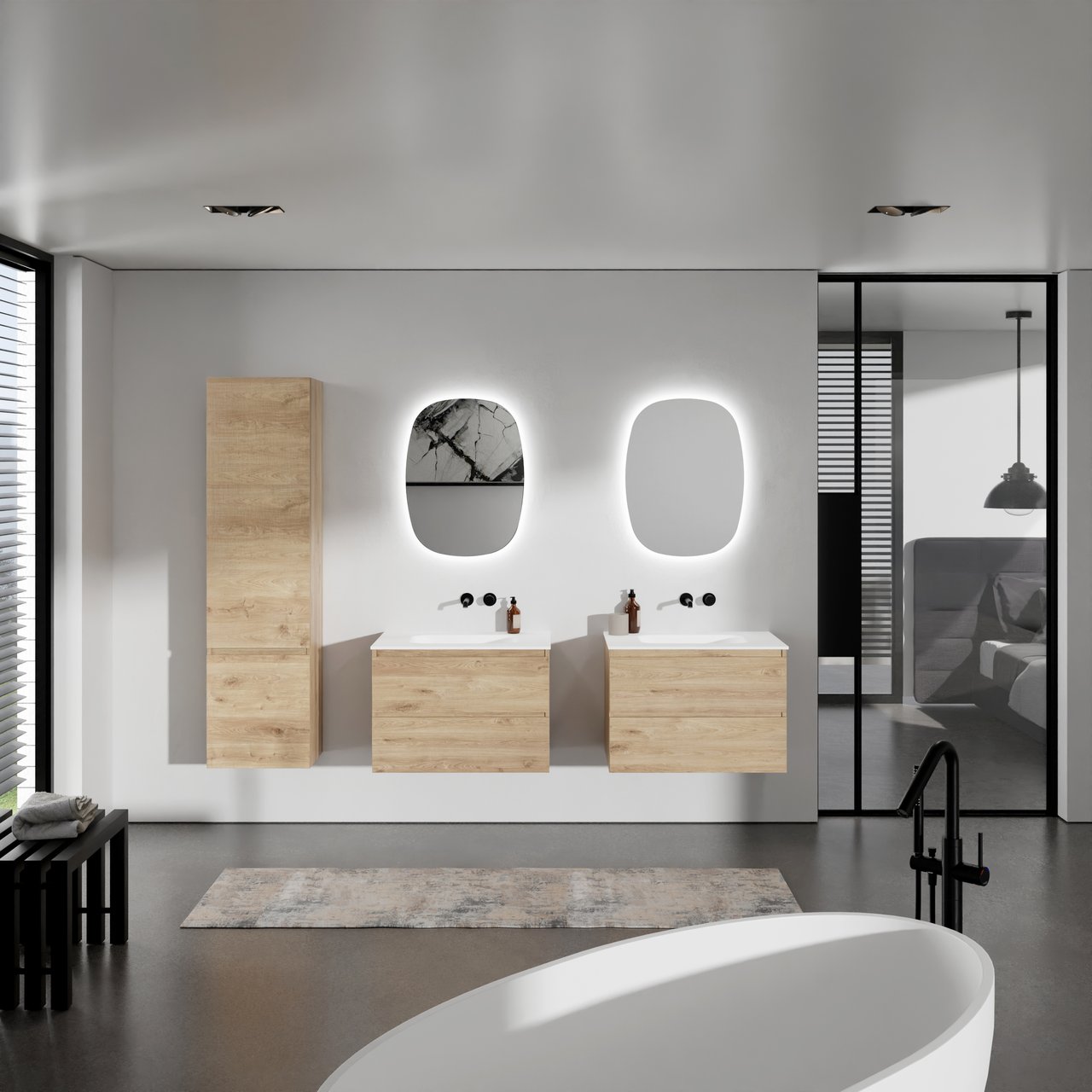 Balmani Lucida meuble salle de bains suspendu 75 x 55 cm chêne brut avec Tablo Arcato plan simple en solid surface blanc mat