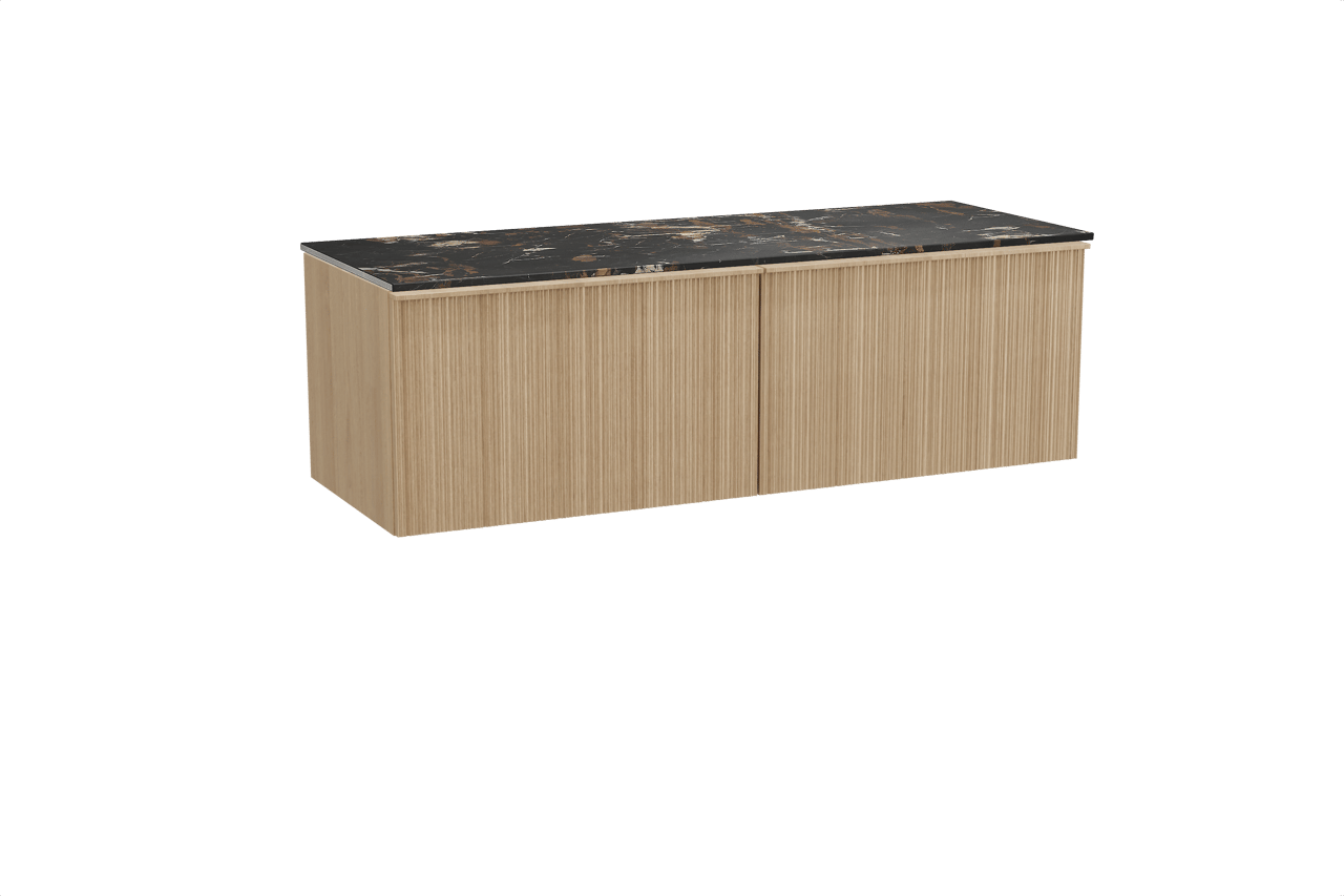 Balmani Forma meuble salle de bains suspendu 150 x 55 cm chêne naturel avec Stretto tablette simple ou double en marbre portoro gold, Nervure circulaire asymétrique verticale