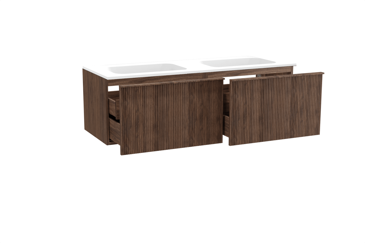 Balmani Forma zwevend badkamermeubel 150 x 55 cm amerikaanse notelaar met Tablo Strada dubbele wastafel in composietmarmer mat wit, Verticale symmetrische rechte ribbel