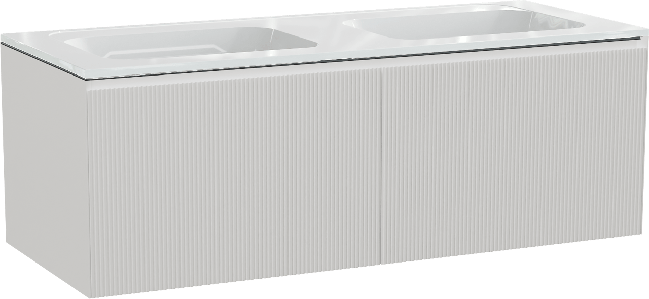 Balmani Fila meuble salle de bains suspendu 135 x 55 cm blanc mat avec Tablo Strada double vasque en marbre composite blanc brillant, Nervure droite symétrique verticale