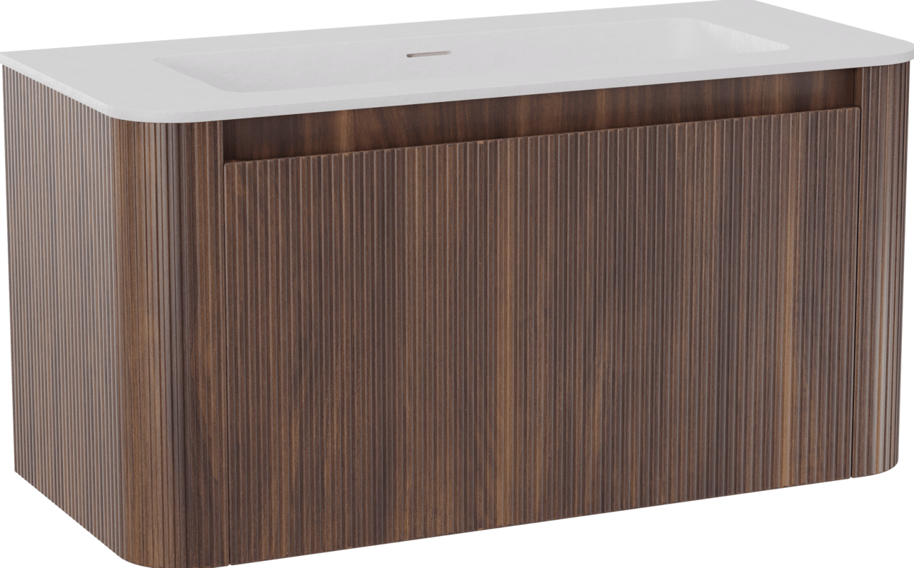 Storke Soft meuble salle de bains suspendu 100 x 46 cm noyer avec Mata Soft plan simple en Solid Surface blanc mat, Nervure droite symétrique verticale