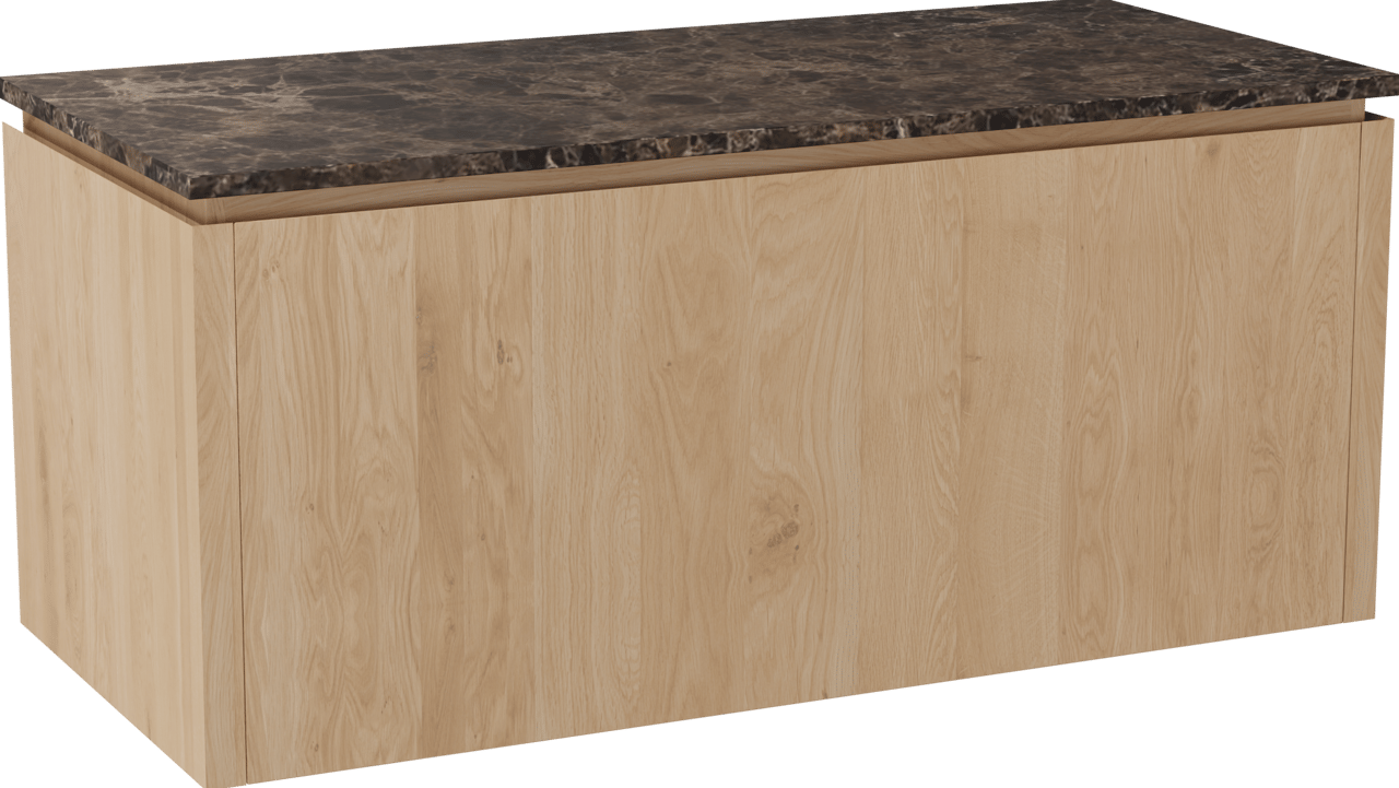 Balmani Eclips zwevend badkamermeubel 120 x 55 cm Natuur eik met Stretto enkel of dubbel tablet in Dark Emperador marmer