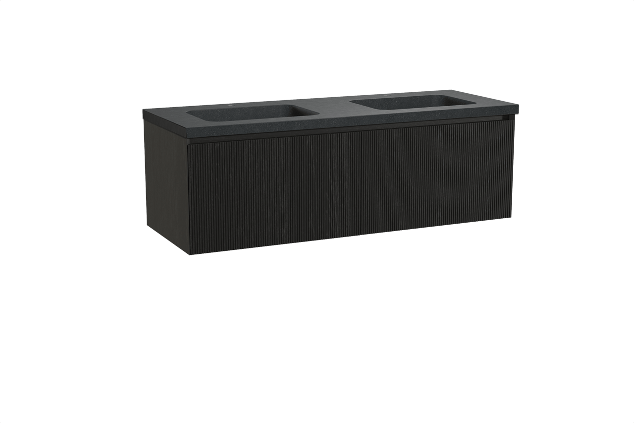 Balmani Fila meuble salle de bains suspendu 150 x 55 cm chêne noir avec Napoli double vasque en granit noir, Nervure droite symétrique verticale