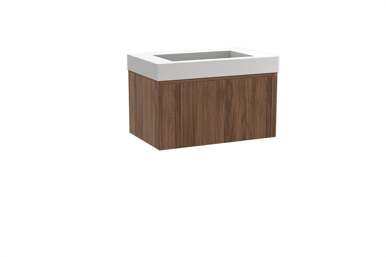 Balmani Fila hängendes Möbelstück Set: 90 x 55 cm, Nussbaum, mit Modus Einzelwaschtisch, Solid Surface, Weiß matt, Vertikale symmetrische gerade Rippe