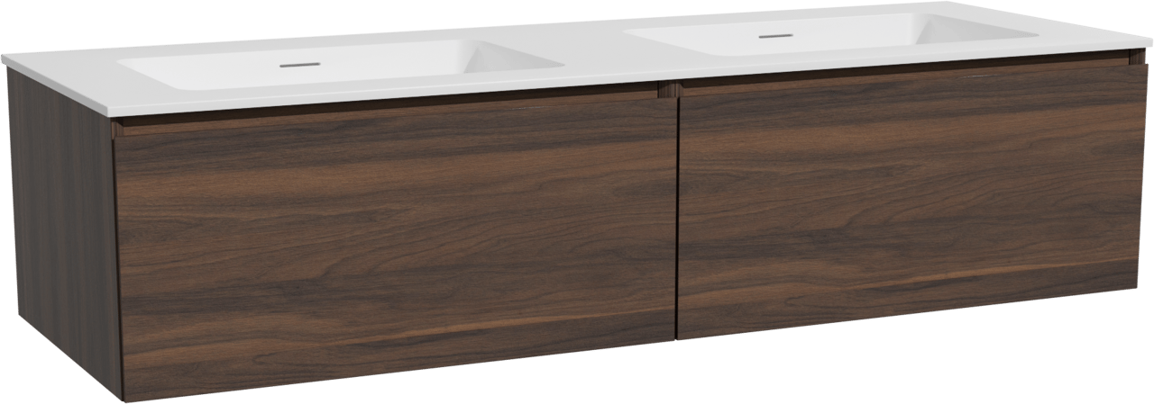 Storke Edge zwevend badmeubel 150 x 52 cm notenhout met Mata dubbele wastafel in solid surface mat wit