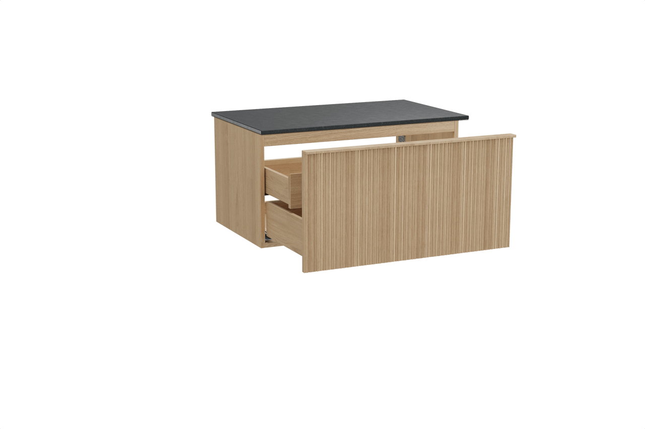 Balmani Forma meuble salle de bains suspendu 90 x 55 cm chêne naturel avec Stretto tablette simple en granit noir, Nervure circulaire asymétrique verticale