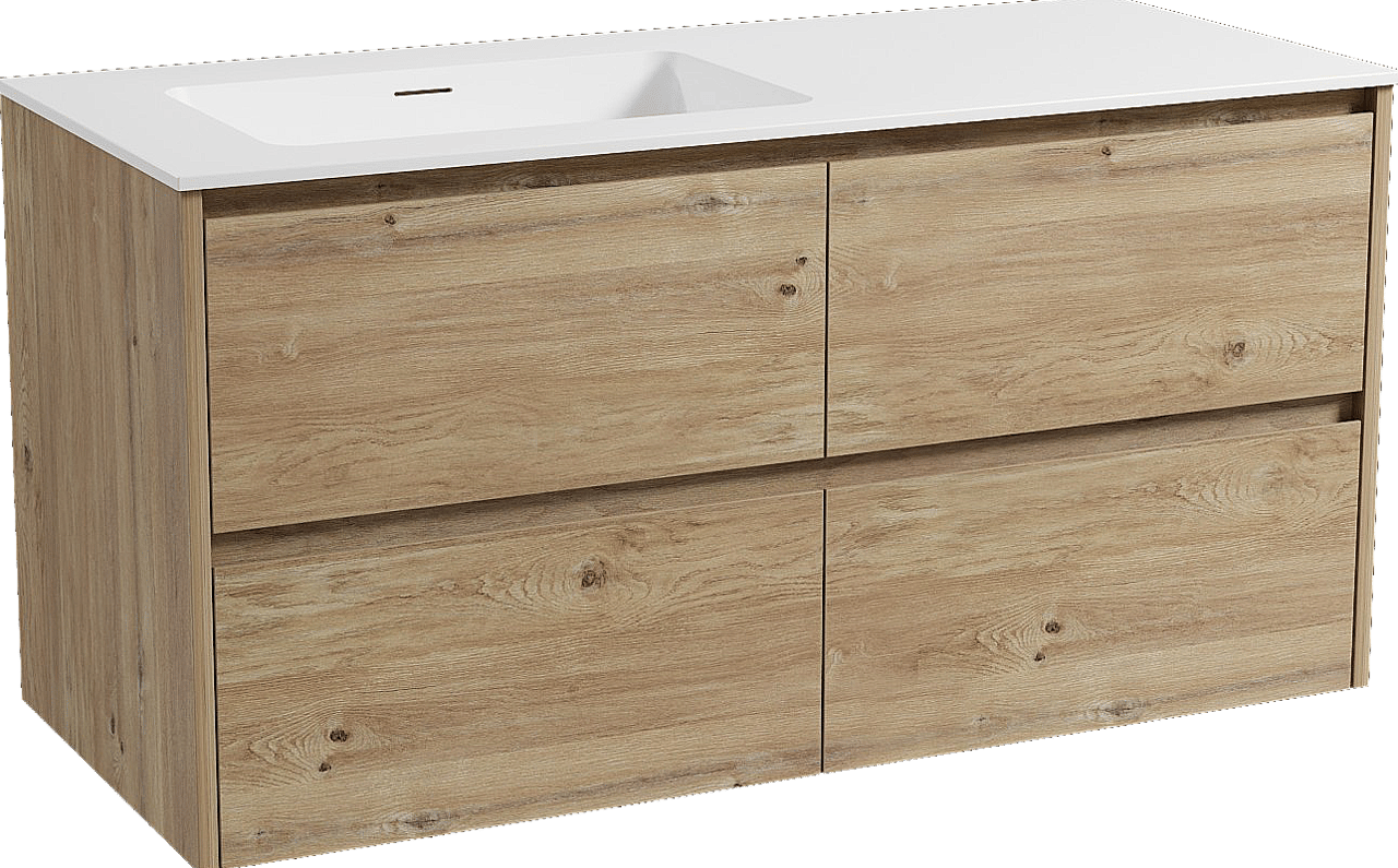 Storke Seda zwevend badmeubel 120 x 52 cm ruw eiken met Mata asymmetrisch linkse wastafel in solid surface mat wit