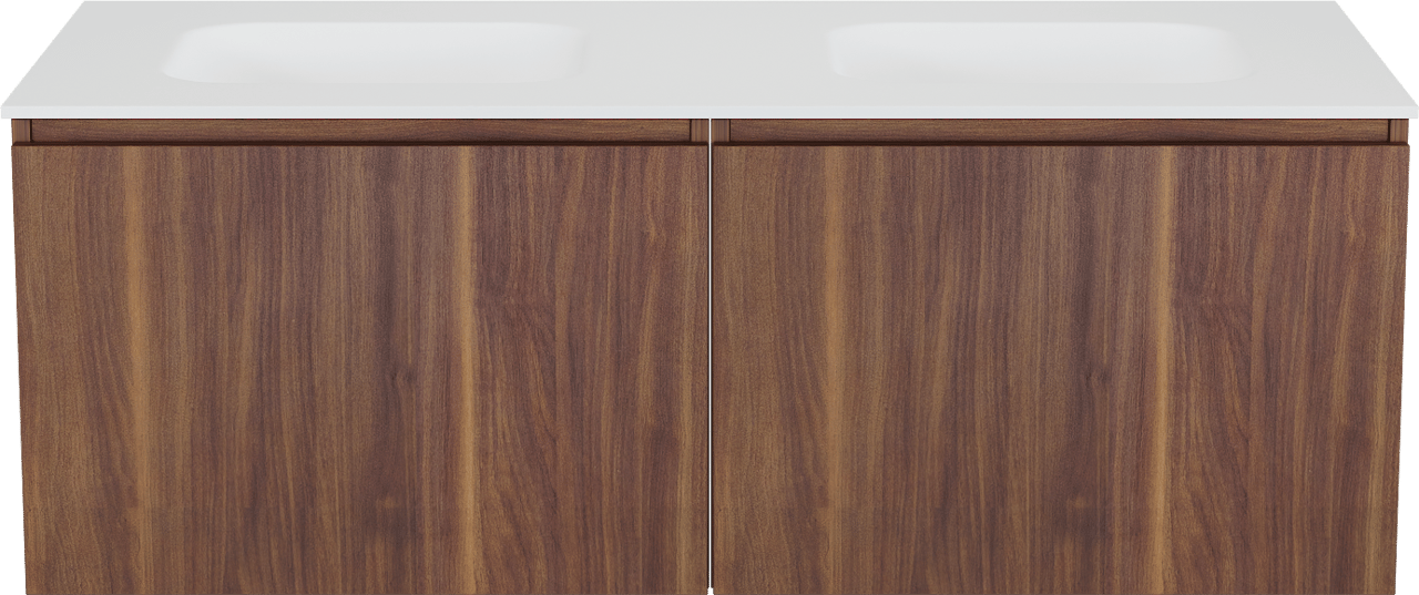 Balmani Sfera hängendes Möbelstück Set: 135 x 55 cm, Amerikanischer Nussbaum, mit Tablo Arcato Doppelwaschtisch, Solid Surface Weiß matt